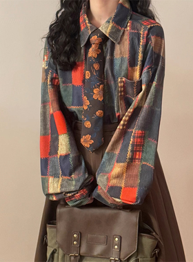 ECOKSOLO2025春美式复古学院风休闲撞色格子长袖衬衫情侣上衣男女