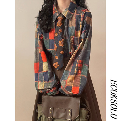 ECOKSOLO2025春美式复古学院风休闲撞色格子长袖衬衫情侣上衣男女