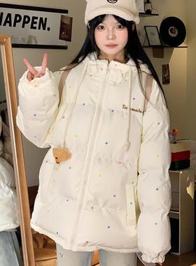 做梦特长生 原创挂件小熊连帽棉服减龄波点宽松加厚保暖面包服冬