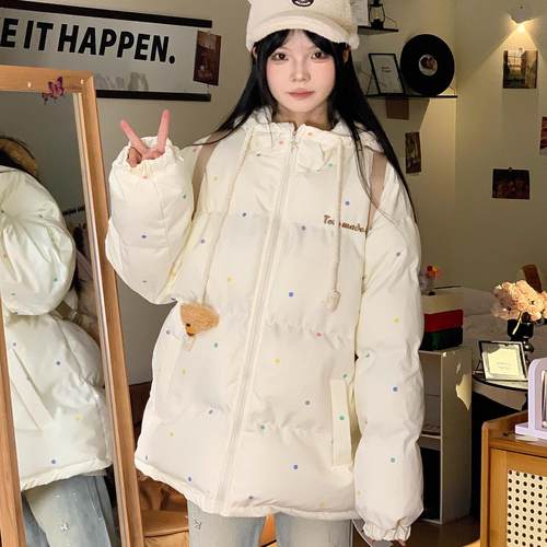 做梦特长生 原创挂件小熊连帽棉服减龄波点宽松加厚保暖面包服冬