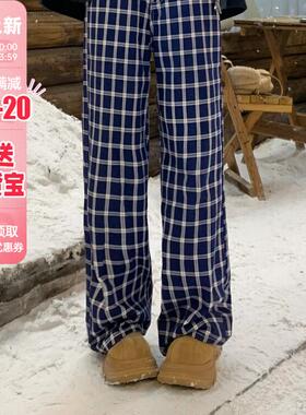 UFAD美式蓝色格子休闲裤女宽松春秋慵懒风高腰垂感拖地阔腿长裤子