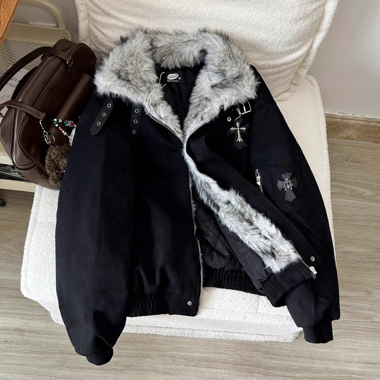 Nuneon美式毛领座山雕十字架棉衣棉服男女情侣冬季加厚保暖外套潮