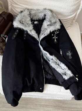 Nuneon美式毛领座山雕十字架棉衣棉服男女情侣冬季加厚保暖外套潮