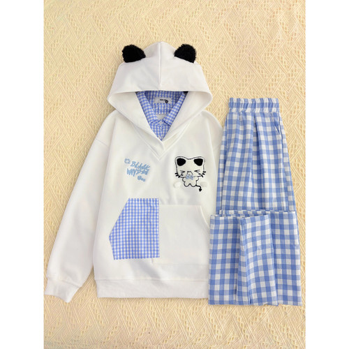 可爱刺绣小猫假两件连帽卫衣女秋季新款甜妹穿搭套装慵懒风格子裤