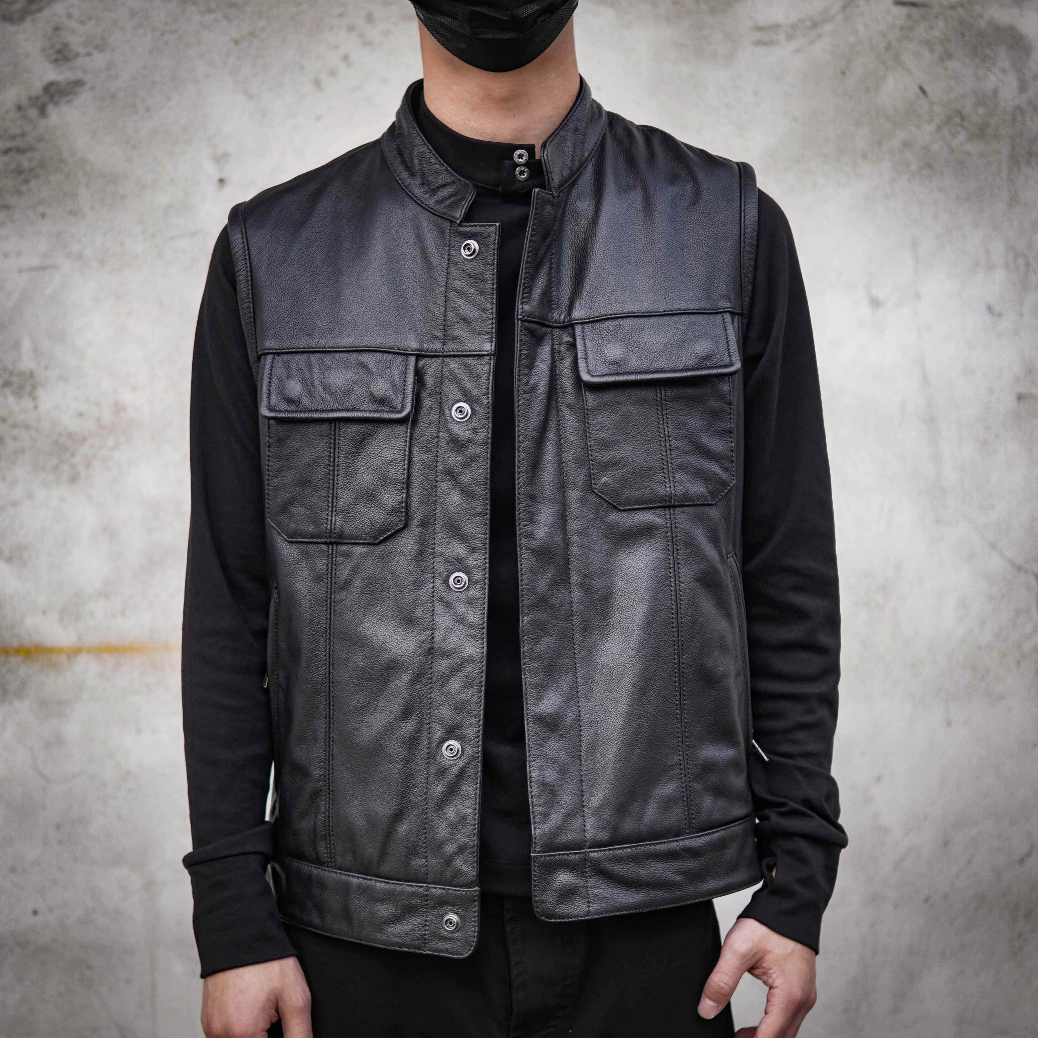 混乱之子真皮马甲男加肥加大码号头层牛皮机车马甲黑色保暖多口袋