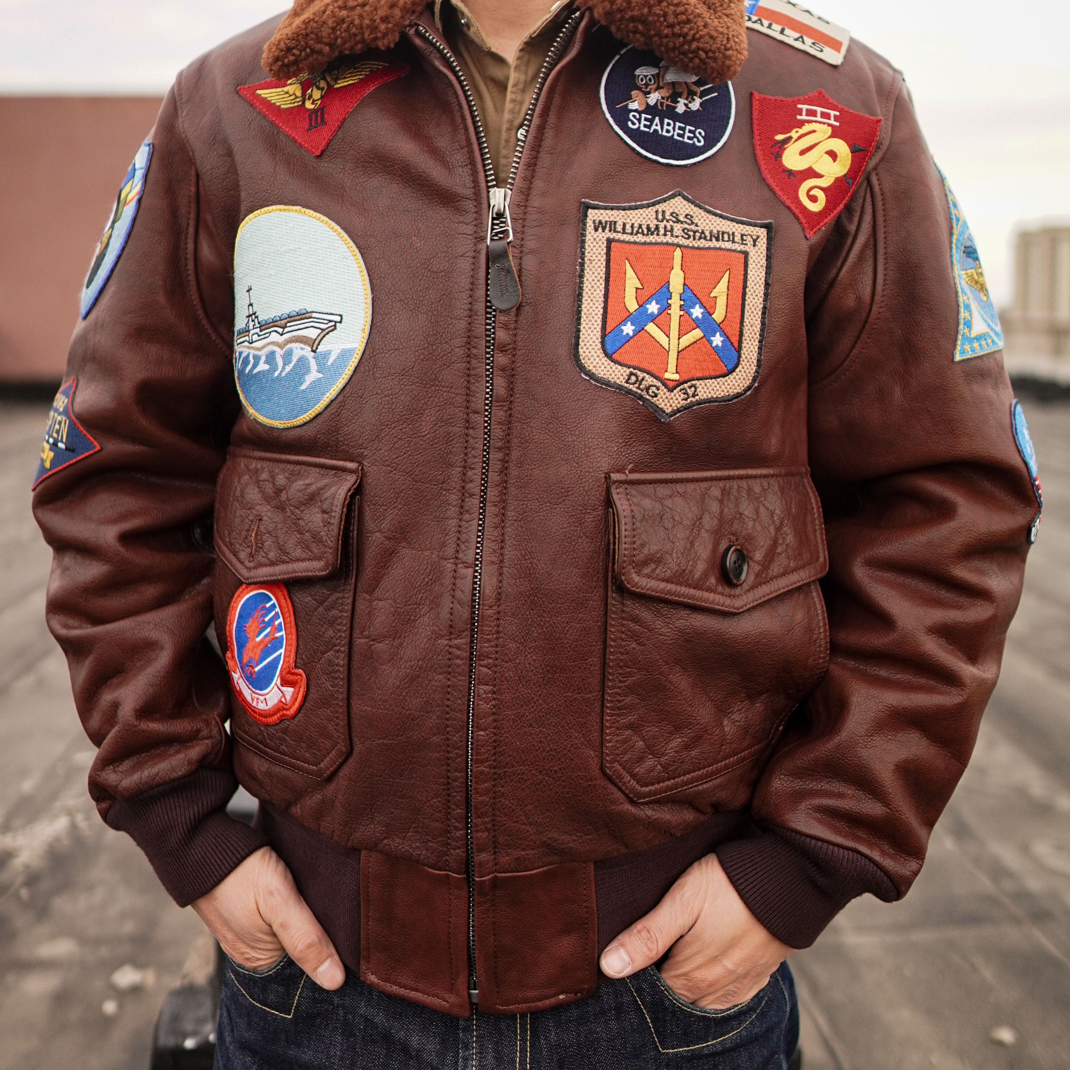 男士经典G1飞行夹克壮志凌云黄牛皮1.5厚度真皮秋冬加棉宽松大码