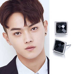 许凯同款耳钉黑色方钻方形黑玛瑙龟背耳饰个性小众设计霸气耳环男
