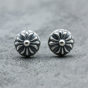 个性气质欧美复古耳钉纯银针做旧圆形十字架军花轻奢中性情侣男女