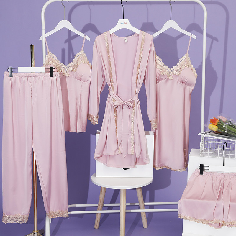 睡衣女夏冰丝薄款性感蕾丝吊带睡袍五件套带胸垫春秋季丝绸家居服