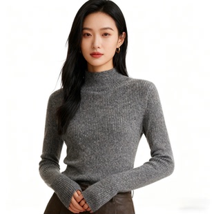 2025年秋内蒙古鄂尔多斯市出口欧洲女纯羊绒半高领套头修身打底衫