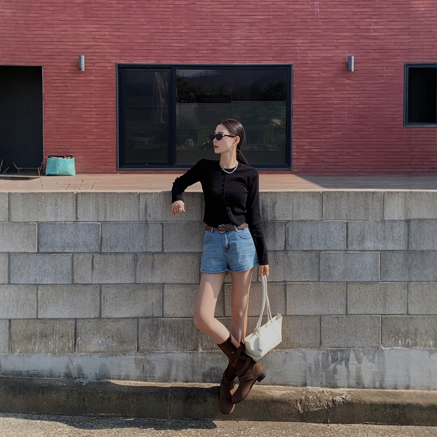 Haners家韩国代购女设计师款2026年春夏新品百搭高腰蓝色牛仔短裤