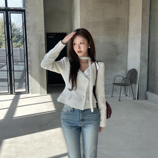 含脖带粗花呢夹克 修身 Haners家韩国代购 文艺女青年2026年春夏新品