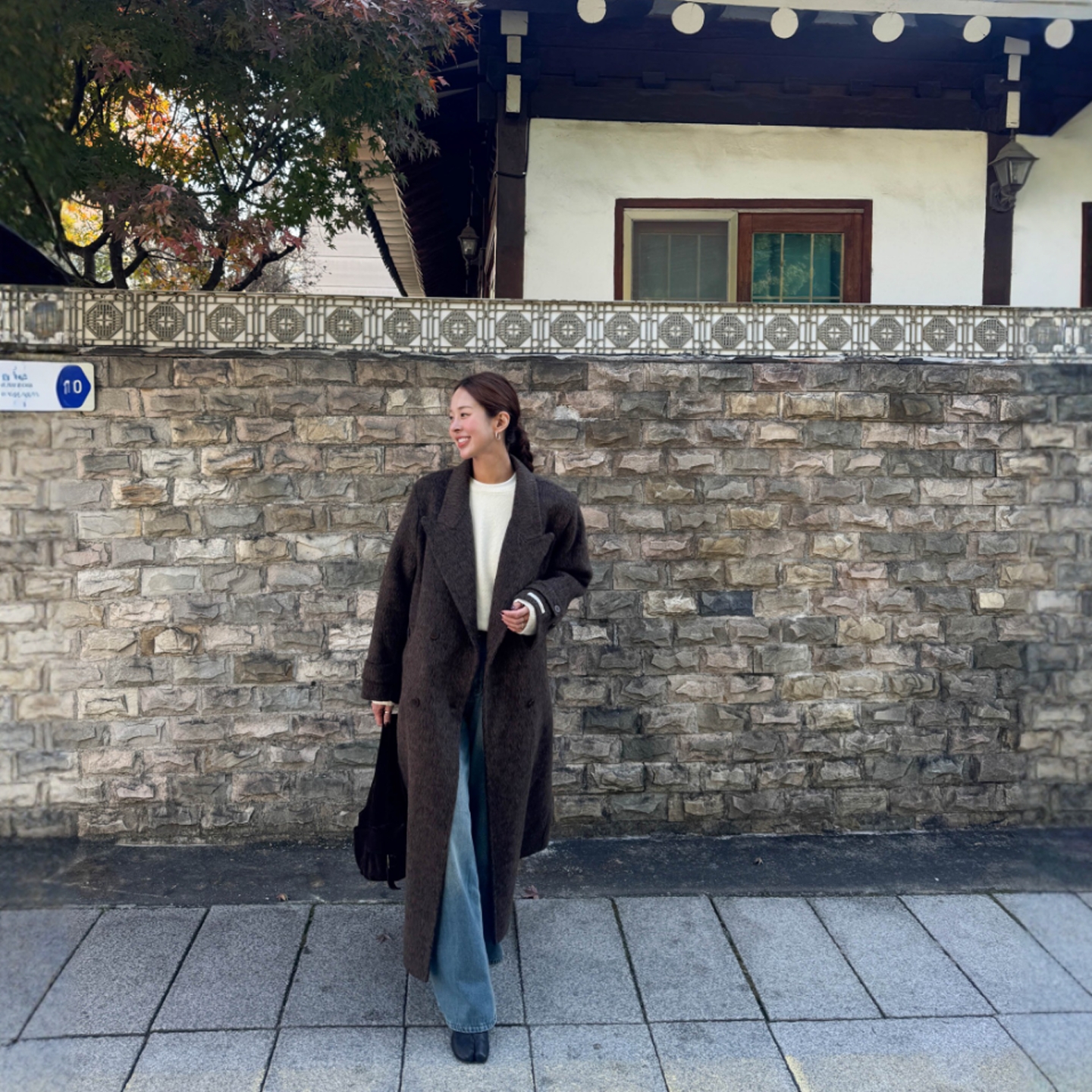 Haners家韩国代购文艺女青年2025年冬季新品优雅长款羊毛呢大衣