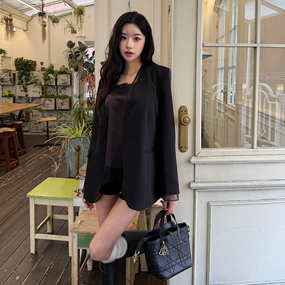 Haners家韩国代购女设计师款2026春夏新品蕾丝拼边v领一粒扣西装