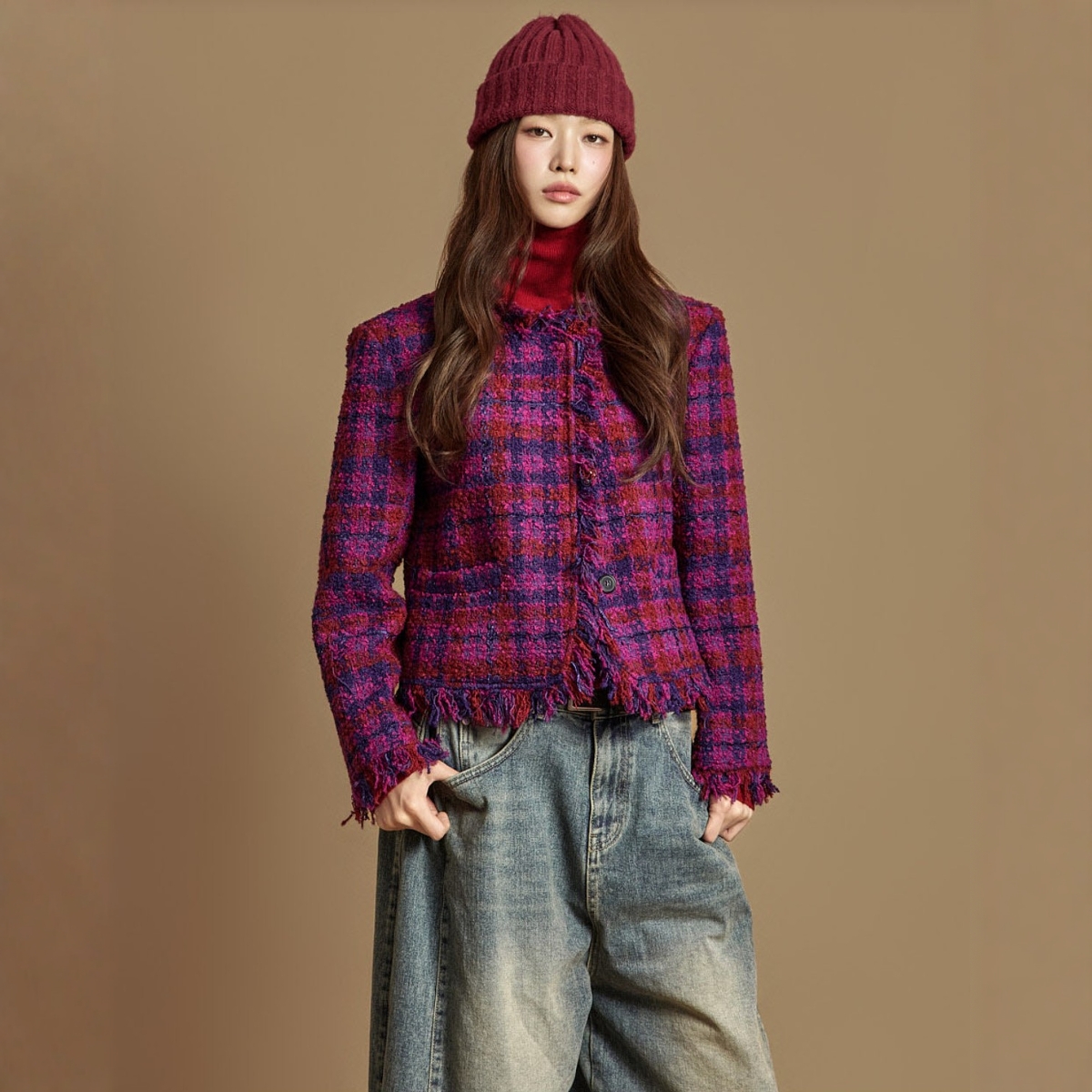 Haners家韩国代购女设计师款2025年冬季流苏格子花呢外套