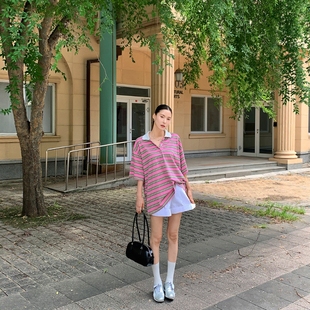 t恤上衣 Haners家韩国代购 女设计师款 2025年夏季 洋气翻领条纹短袖