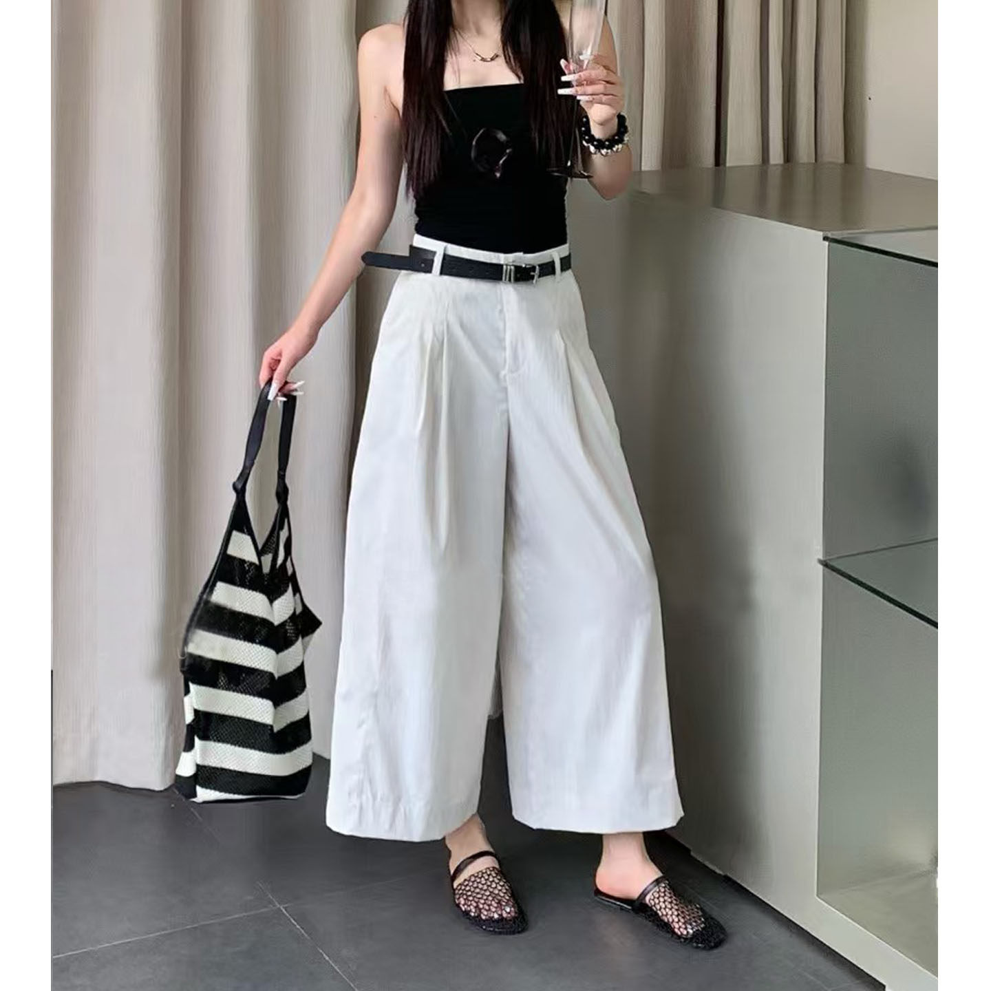 速干高腰八分小个子阔腿裤女