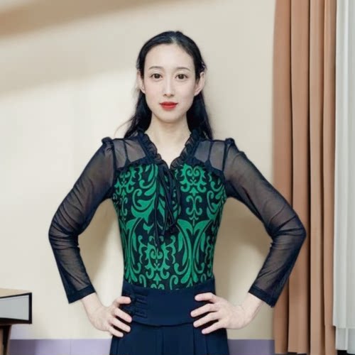 欢舞阁摩登舞A0734吉特巴百搭女士木耳领广场舞系带长袖舞蹈服
