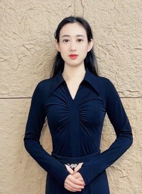 欢舞阁吉特巴摩登舞舞蹈服广场舞气质时尚朱光V领长袖女舞衣A0797