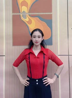 欢舞阁摩登舞吉特巴舞蹈服广场舞气质蕾丝带V领女舞衣A0747