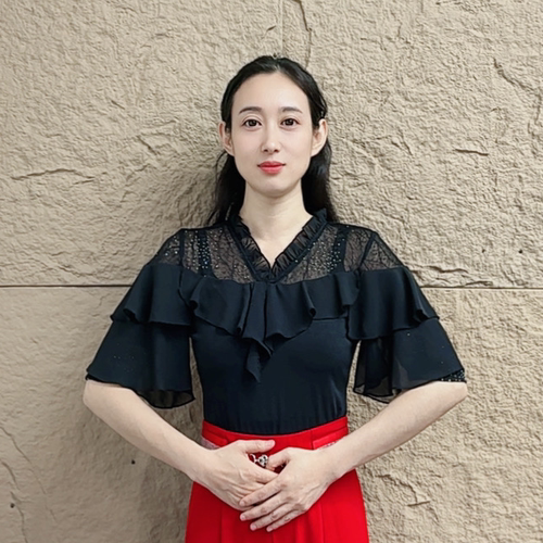 欢舞阁吉特巴广场舞摩登女士时尚v领木耳边烫钻交际长袖舞衣A0908