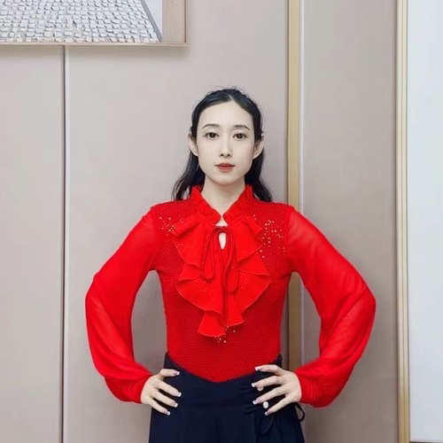 欢舞阁吉特巴摩登气质女士绑带镂空交际广场亮片料长袖舞衣A0605