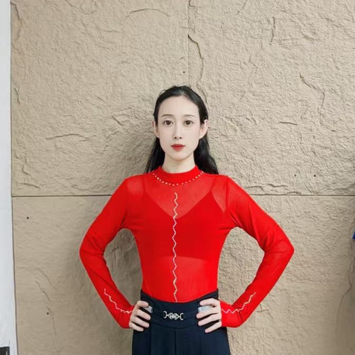 欢舞阁吉特巴摩登舞气质女圆领烫钻弹力网交际舞长袖舞衣A0625