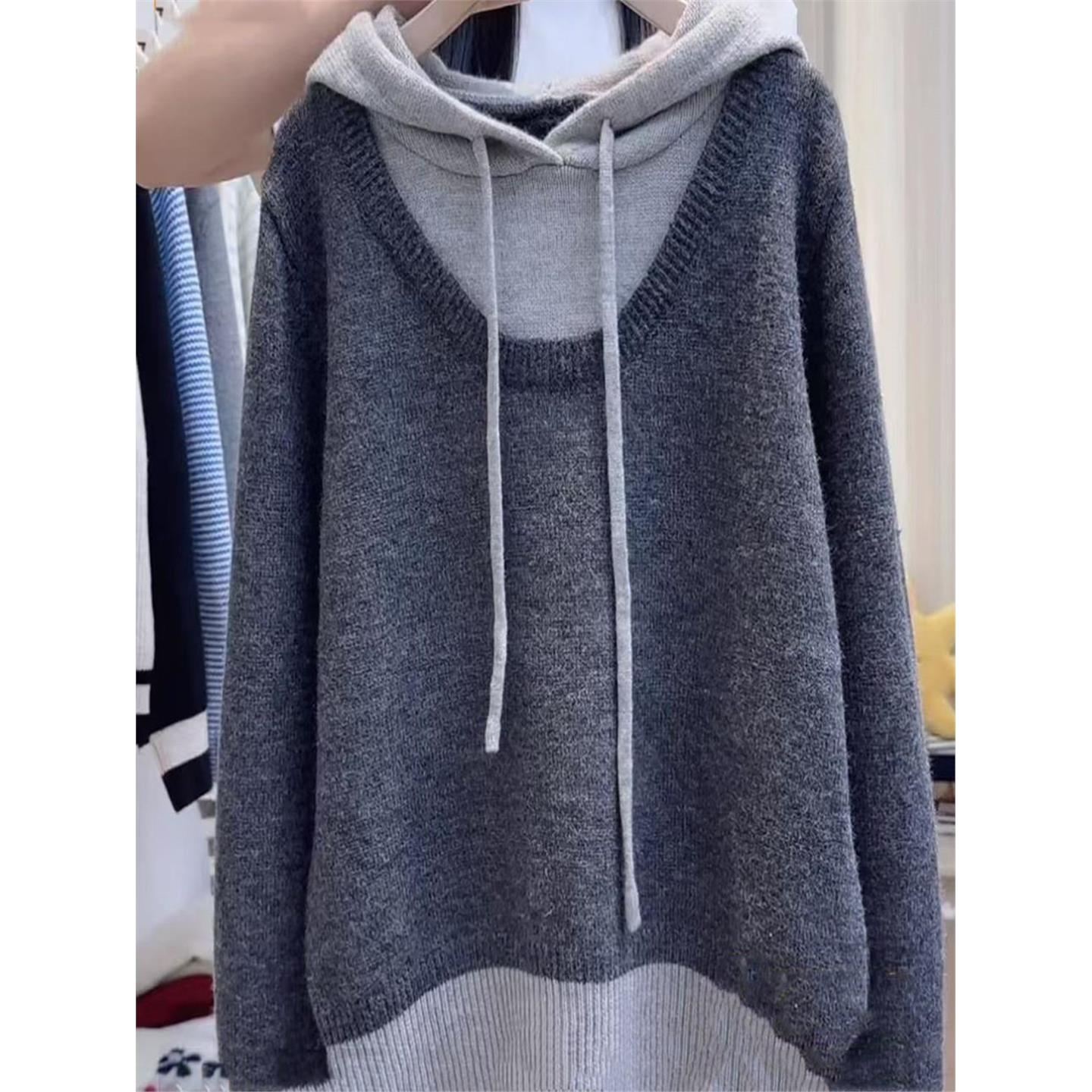 中学生连帽拼色假两件套头毛衣女