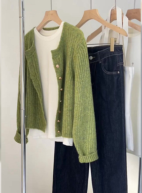 2024新款绿色针织开衫女高质感欧货慵懒风软糯时尚毛衣外套女秋季