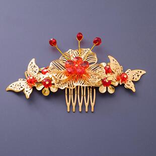 中式古装蝴蝶头饰秀禾新娘结婚饰品旗袍龙凤褂如意金结前额后插梳