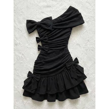 暗梦蝶影 vintage礼服裙子千金穿搭黑色蝴蝶结斜肩修身连衣短裙女
