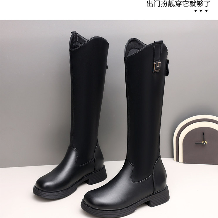 冬季加绒加厚羊毛女靴长靴女真皮不过膝骑士靴高筒靴中跟粗跟皮靴