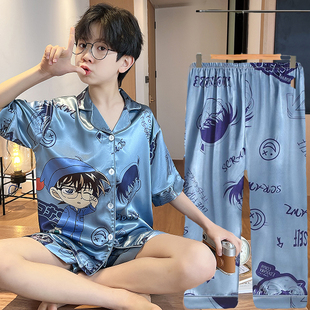 冰丝睡衣女童夏季短袖短裤长裤三件套儿童小男孩凉感家居服可外穿