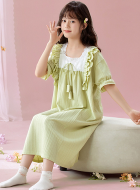 儿童女孩睡裙短袖母女纯棉夏季少女家居裙中大童公主亲子女童睡衣