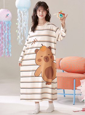 女童睡裙春秋款长袖纯棉中大童睡衣女孩卡皮巴拉初中生亲子睡衣裙