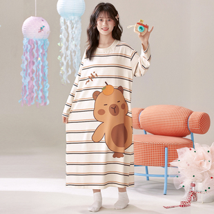 女童睡裙春秋款长袖纯棉中大童睡衣女孩卡皮巴拉初中生亲子睡衣裙