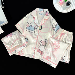 儿童睡衣女童冰丝夏季薄款短袖三件套2025新款网红女孩大童家居服
