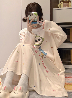 少女纯棉2025年新款睡裙女春秋中长裙家居服女孩初中生可外穿睡衣
