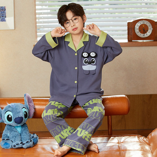 新款纯棉男童家居服开衫春秋季男孩长袖青少年套装中大童睡衣潮款
