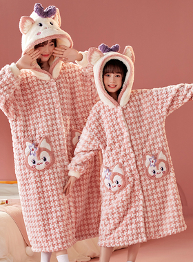母女冬天新款加厚长睡袍女童法兰绒家居袍儿童可爱睡衣亲子家居服