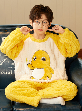 儿童男童睡衣麻花绒奶龙卡通秋冬保暖学生套装男孩子中大童家居服