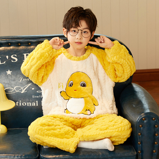 儿童男童睡衣麻花绒奶龙卡通秋冬保暖学生套装男孩子中大童家居服