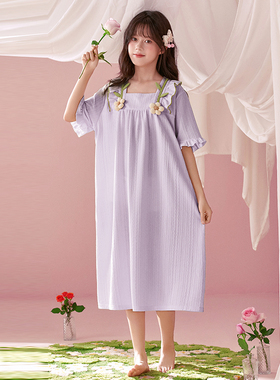 女童纯棉睡裙夏款公主风2025新款儿童家居服女孩大童睡衣短袖裙子
