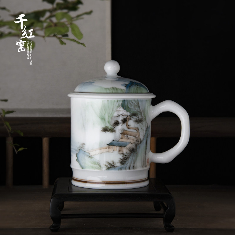 作品茶杯陶瓷办公杯醴陵釉下手绘釉下宋画山水云山仙居带盖茶杯子
