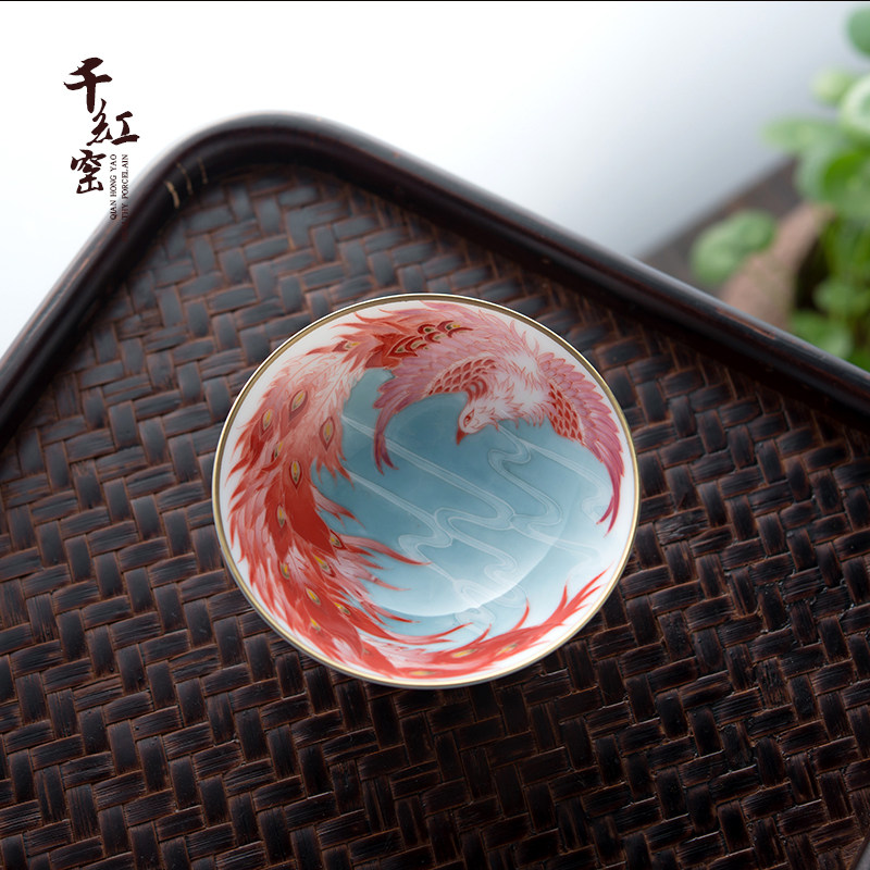 醴陵瓷器 创意设计款工笔釉下彩手绘凤凰于飞描金斗笠杯主人杯