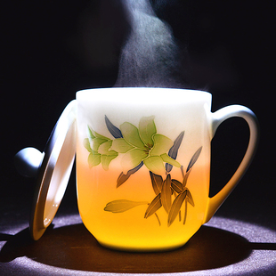醴陵手绘办公茶杯陶瓷单个带盖把手会议水杯子非骨瓷杯礼品定制
