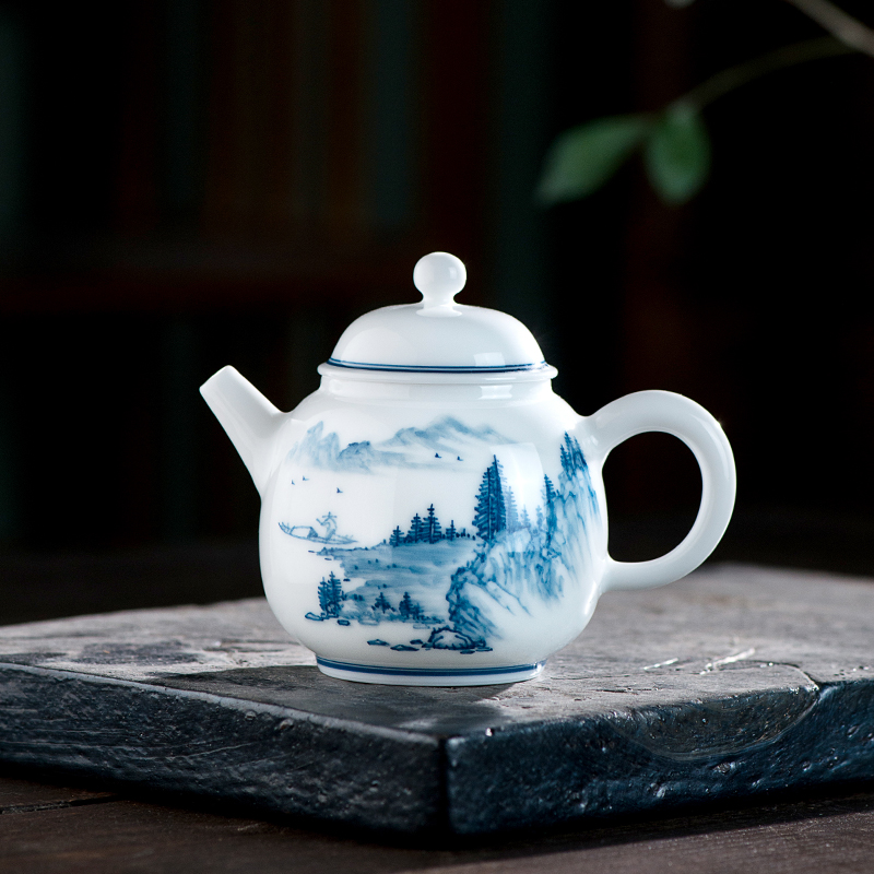 千红窑釉下蓝彩手绘泡茶中式茶壶