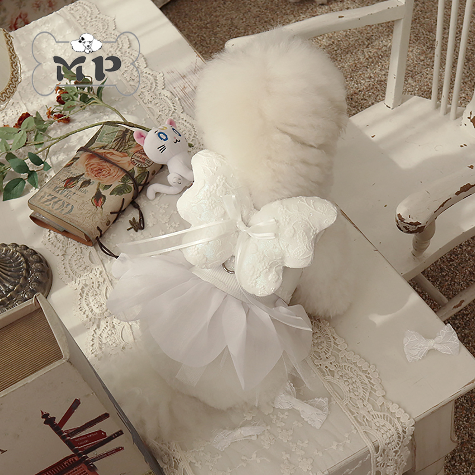 韩代宠物发夹白色天使翅膀胸背