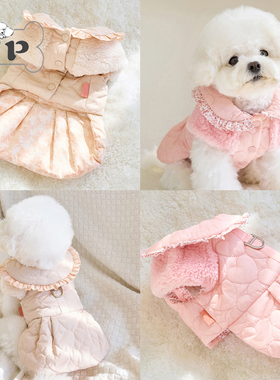 『Memory Pet』韩国宠物秋冬碎花娃娃领花边爱心牵引扣棉裙连衣裙