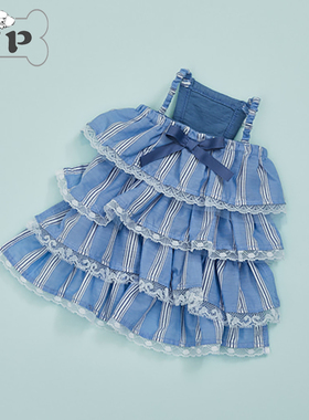 『Memory Pet』韩国代购louisdog宠物条纹蕾丝蓝色蛋糕裙吊带裙